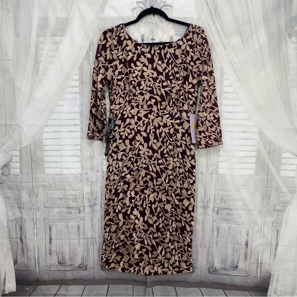 JS Collections Size 6 Maroon Purple Embroidered Fitted 3/4 Sleeve Sheath Dress - Picture 9 of 14
